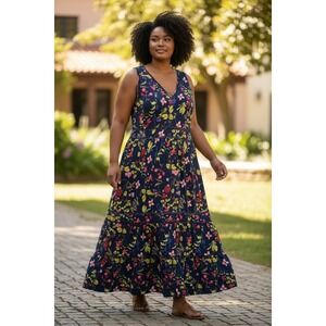 Lands End Womens Maxi Dress M Petite Navy Floral V-Neck Tiered Cotton Modal